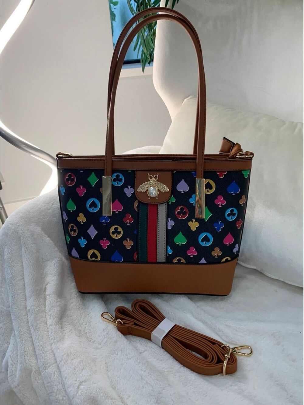 Multicolor Fashion Tote Bag with Gold Bee Accent and Brown